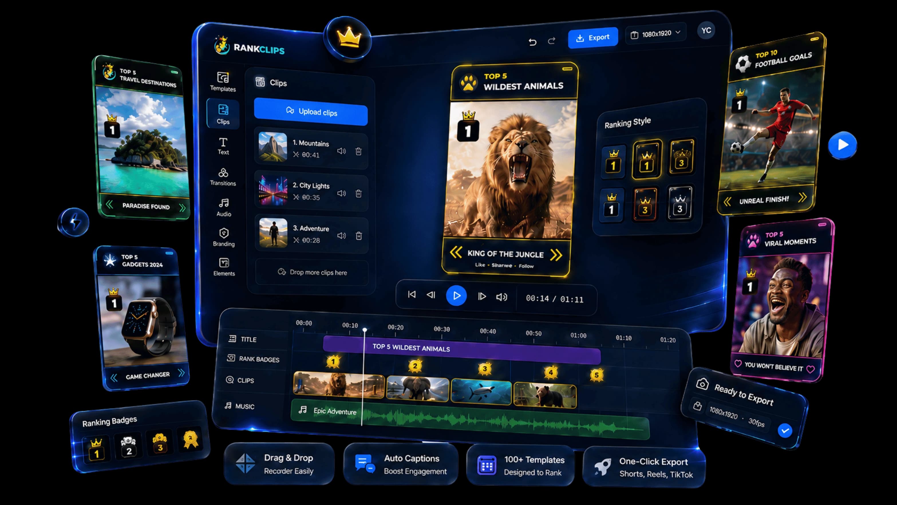 RankClips ranking video editor with templates, timeline, and short-form video previews